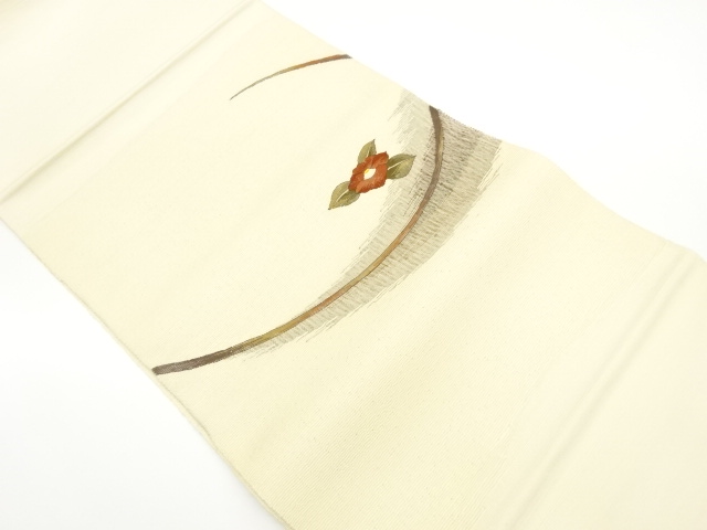 手織り紬曲線に椿模様織出し名古屋帯